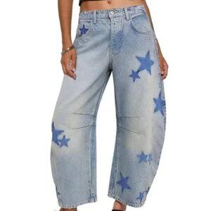 Star Contrast Pattern Light Wash Baggy Weekend Barrel Style Jeans Pants